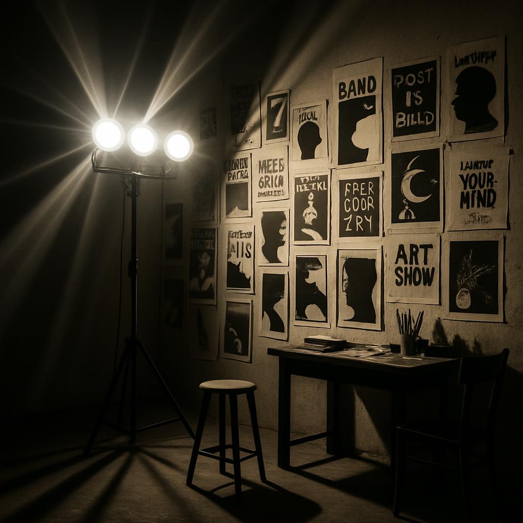 A dimly lit room with a spotlight, a stool, and various posters on the wall, evoking a sense of mystery and creativity.
