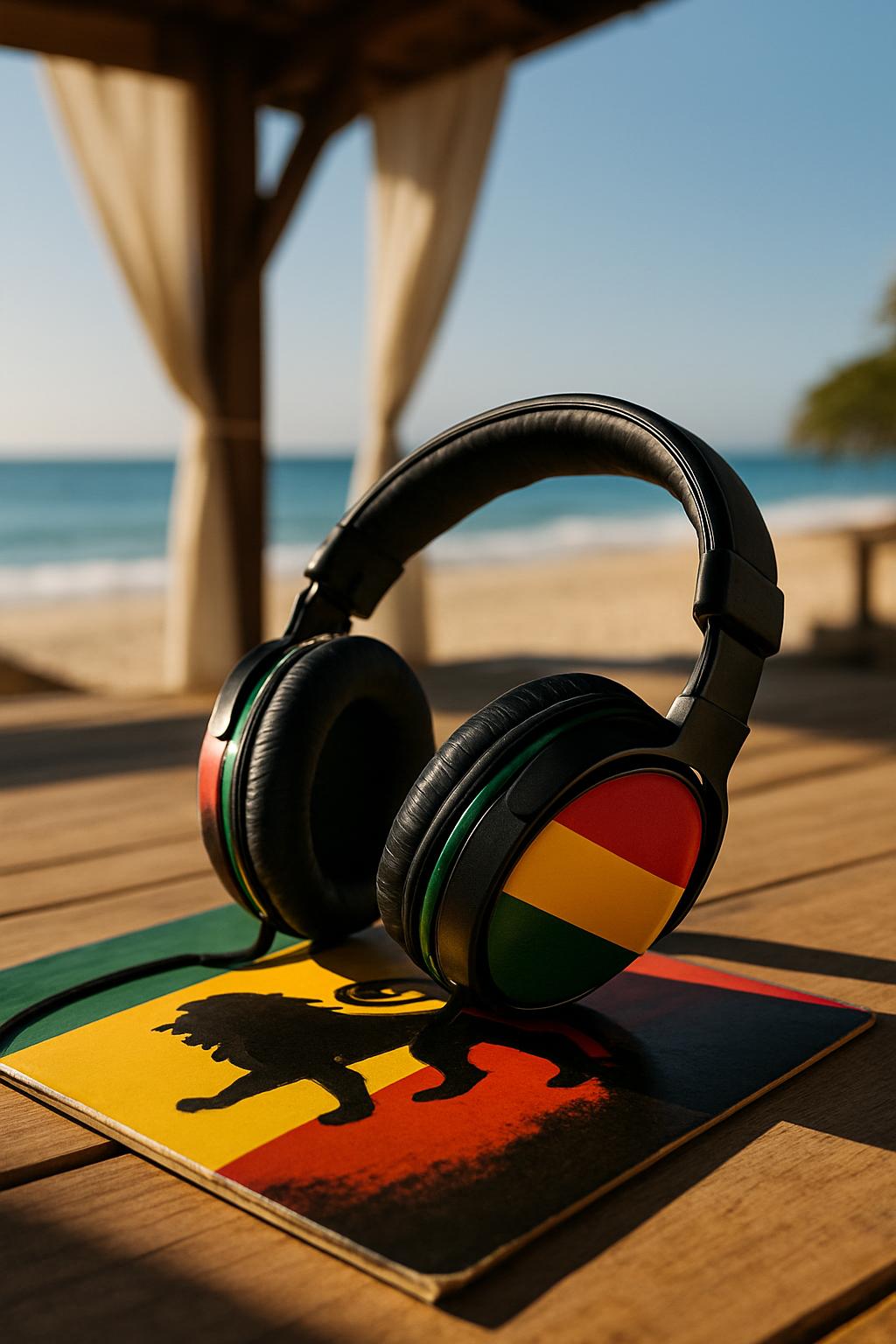 The image depicts a pair of headphones placed on top of a vinyl record sleeve. The vinyl record sleeve features a striking...