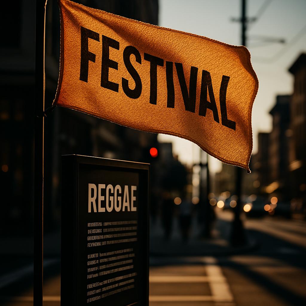 a banner reading "Festival" on a flag, with a sign that says "Reggae" in the foreground set against a blurred cityscape at...