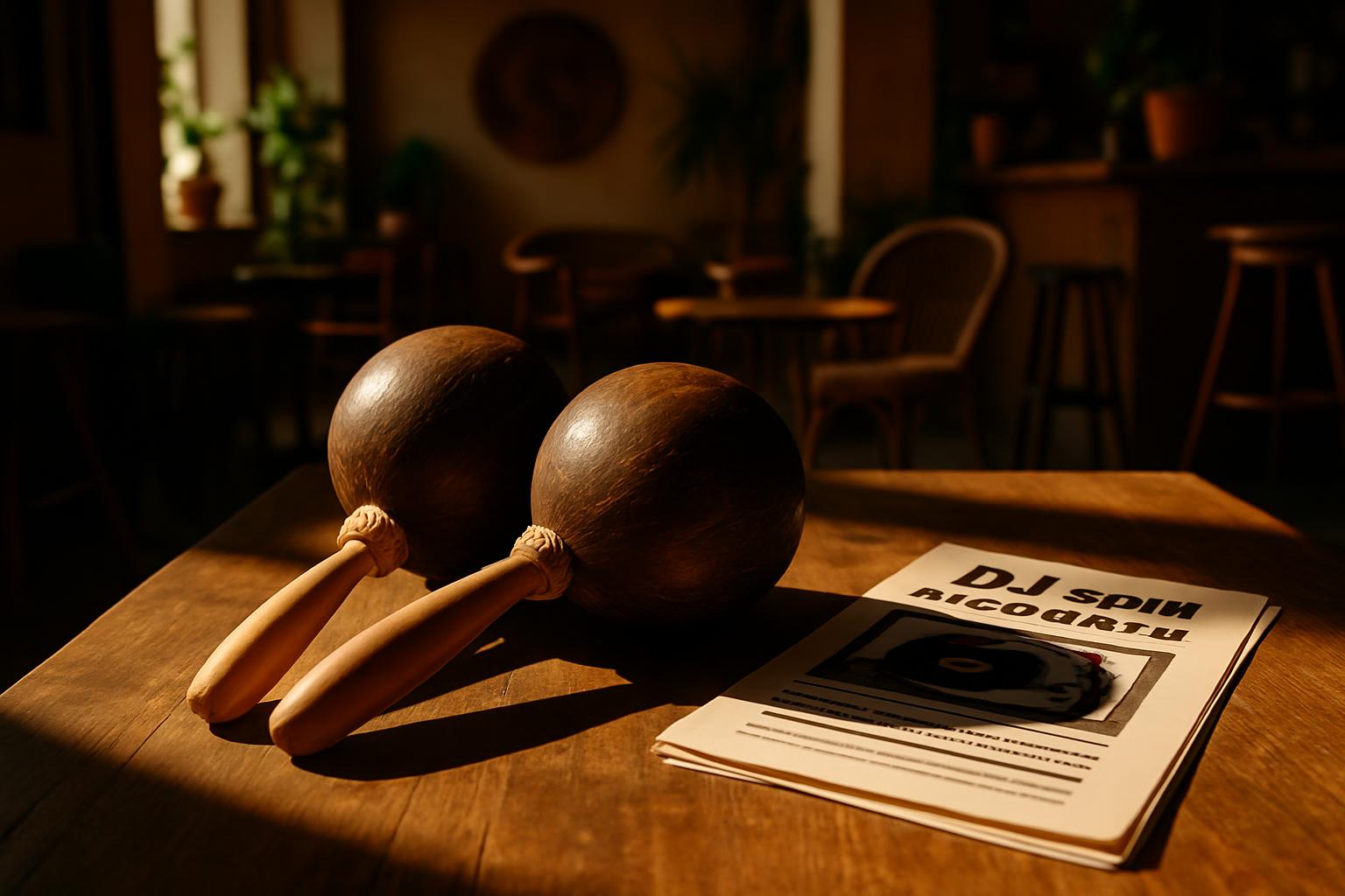 Two maracas sit atop a pile of music magazines on a smooth wood table, bathed in a warm elegance.